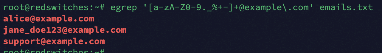 egrep '[a-zA-Z0-9._%+-]+@example.com