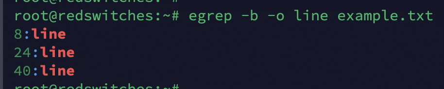egrep -b -o line example.txt