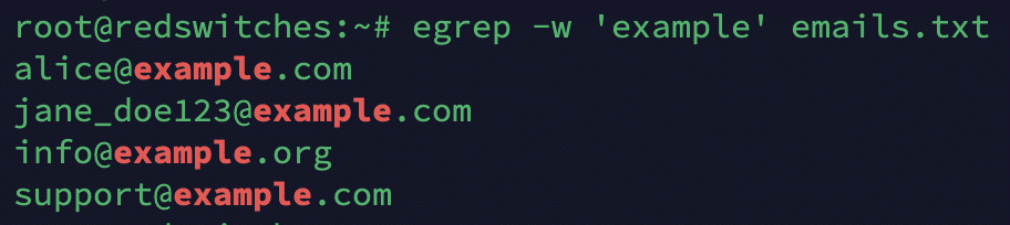 egrep -w 'example' emails.txt